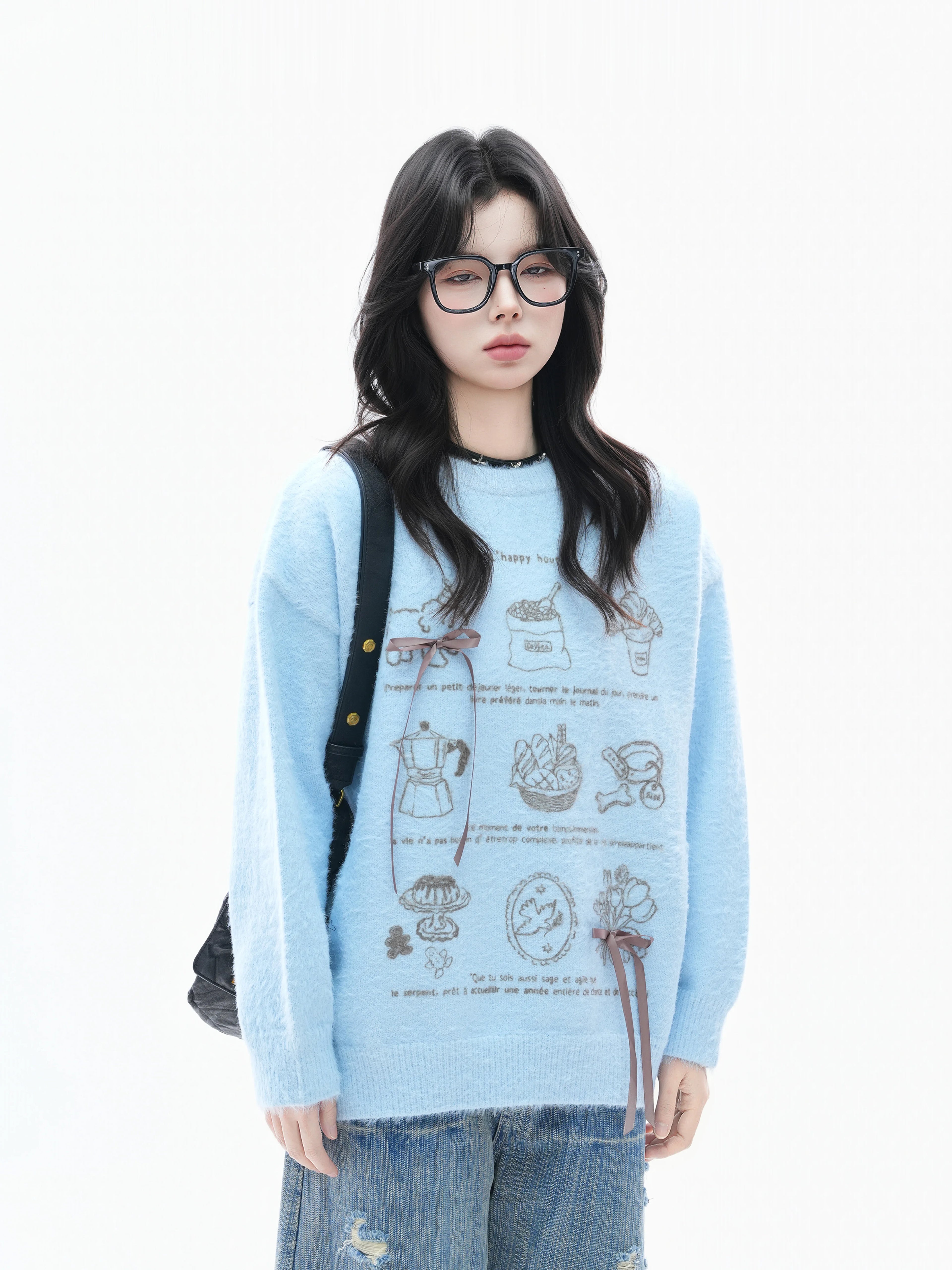 Zuocisankon Soft Waxy Knitted Bow Jacquard Sweater