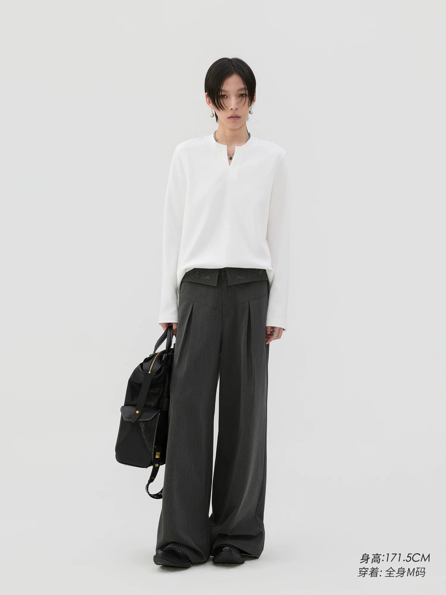 Sameuoo Waist Fold-down Embroidered Loose Straight Trousers