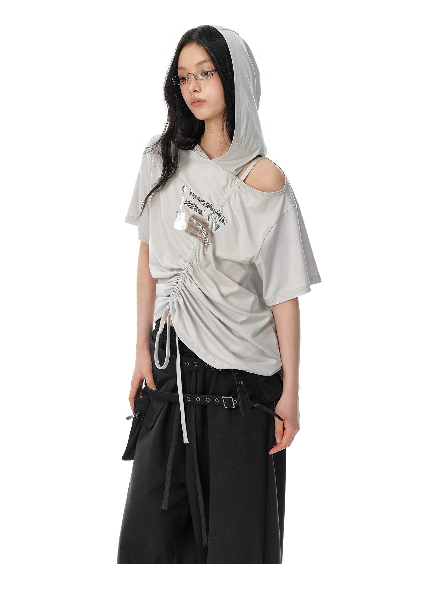 JIKOO Slanted Shoulder Hooded Loose Tee