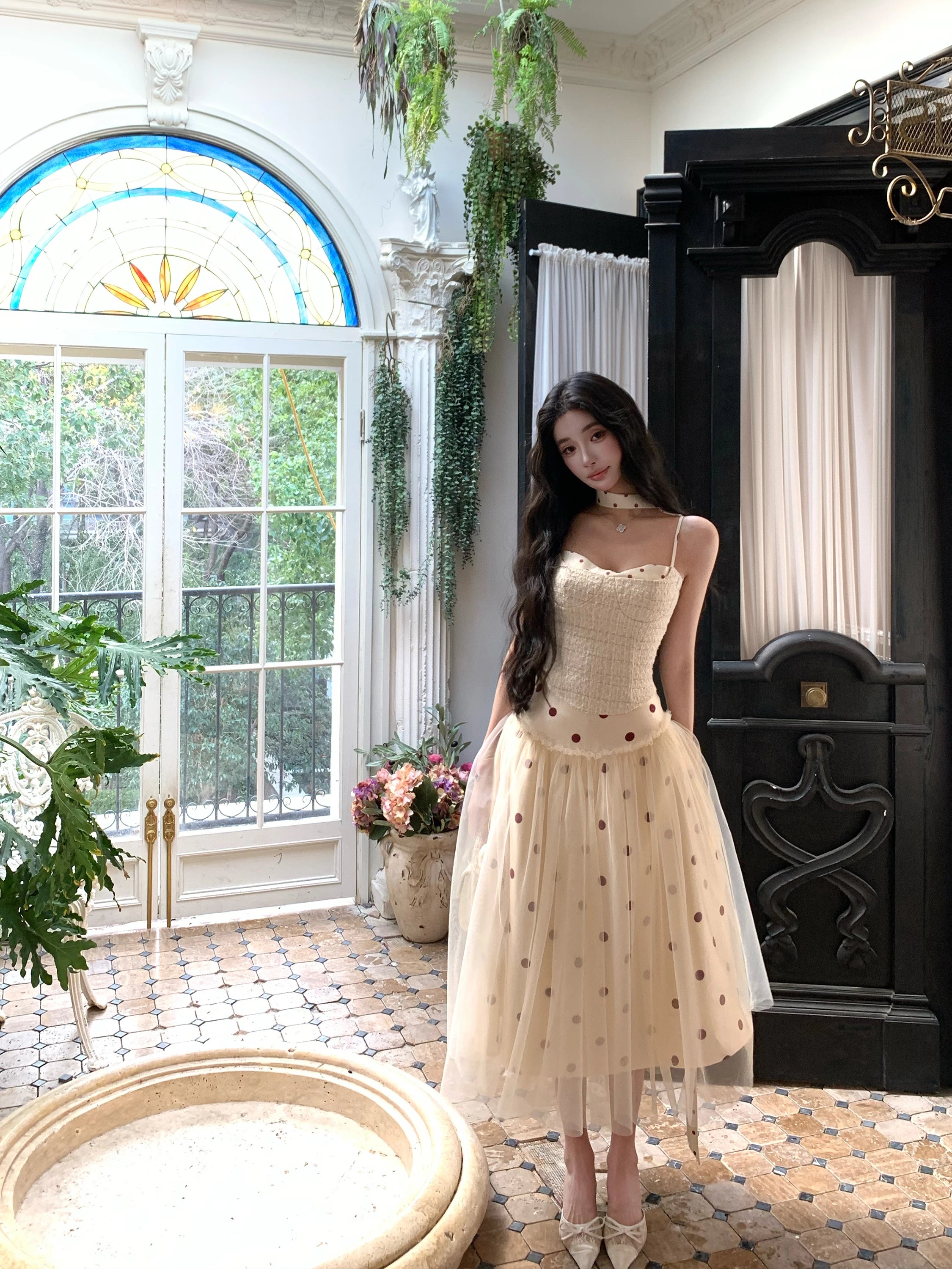 Barb Chill Short Suspender Mesh Dress Two-piece Set