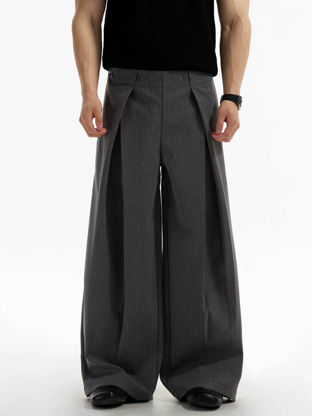 DAY NY Striped Wide-leg Pleated Straight Trousers