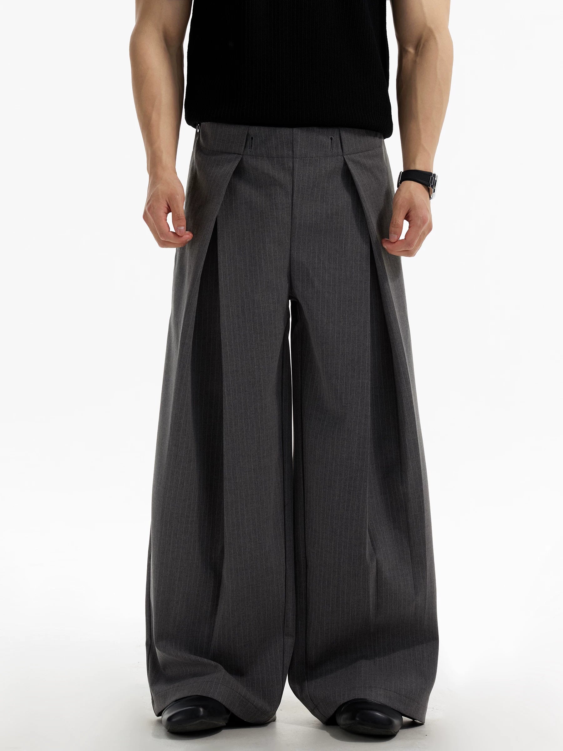 DAY NY Striped Wide-leg Pleated Straight Trousers