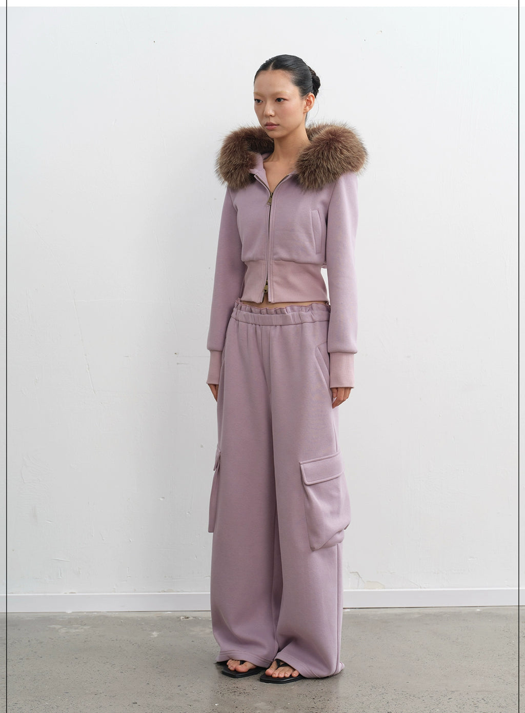 LINY LIBERTY Removable Fur Collar Short Sweater Casual Sweatpants Set