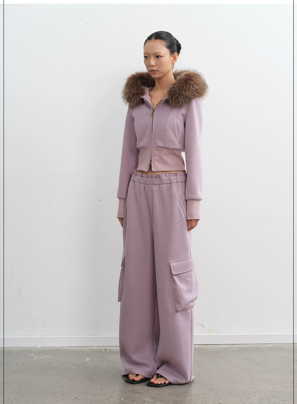 LINY LIBERTY Removable Fur Collar Short Sweater Casual Sweatpants Set