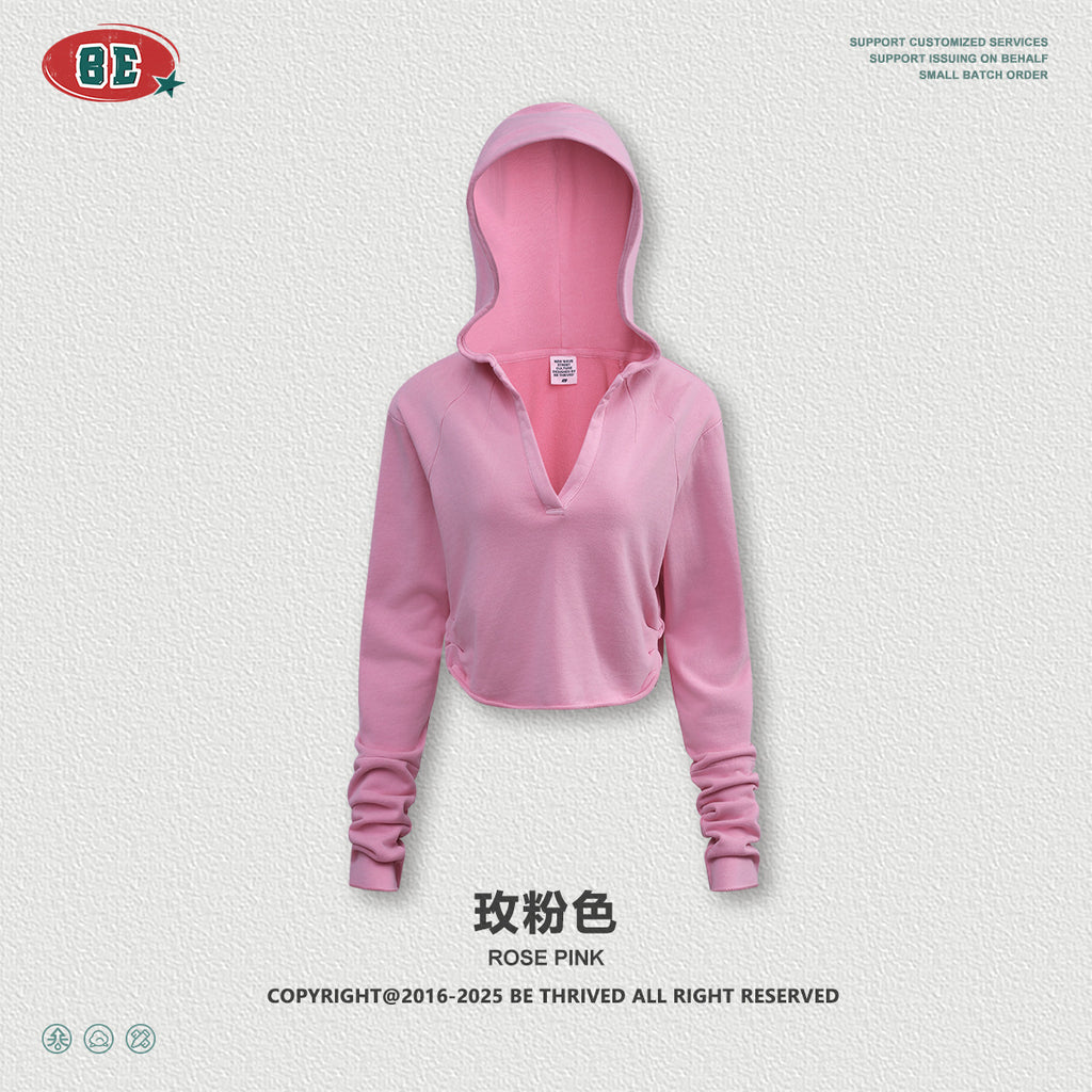 BE Retro V-neck Pleated Short Half-open Neck Hooded Long Sleeves