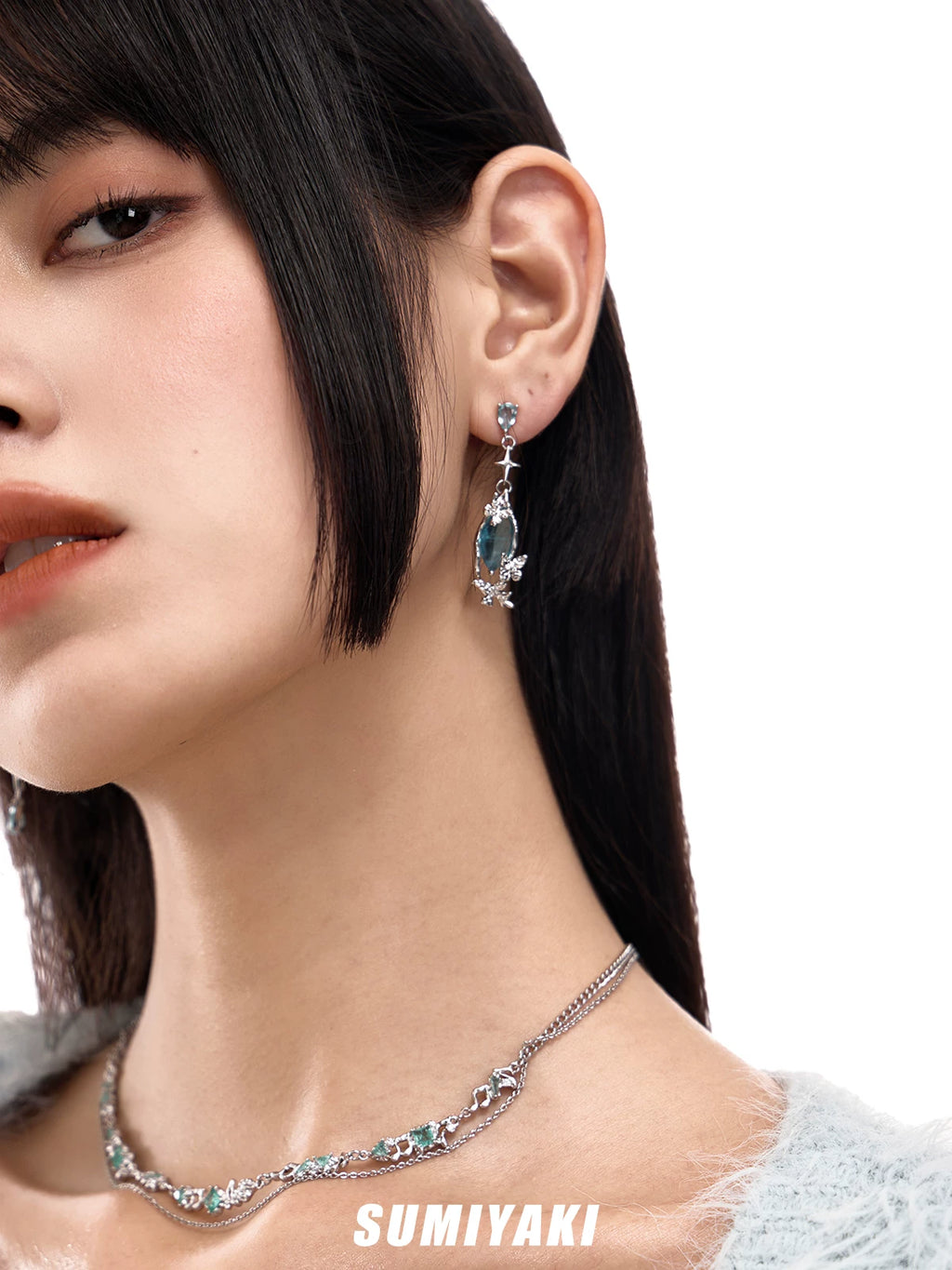 SUMIYAKI Ice Flower Zircon Water Drop Asymmetric Butterfly Earrings