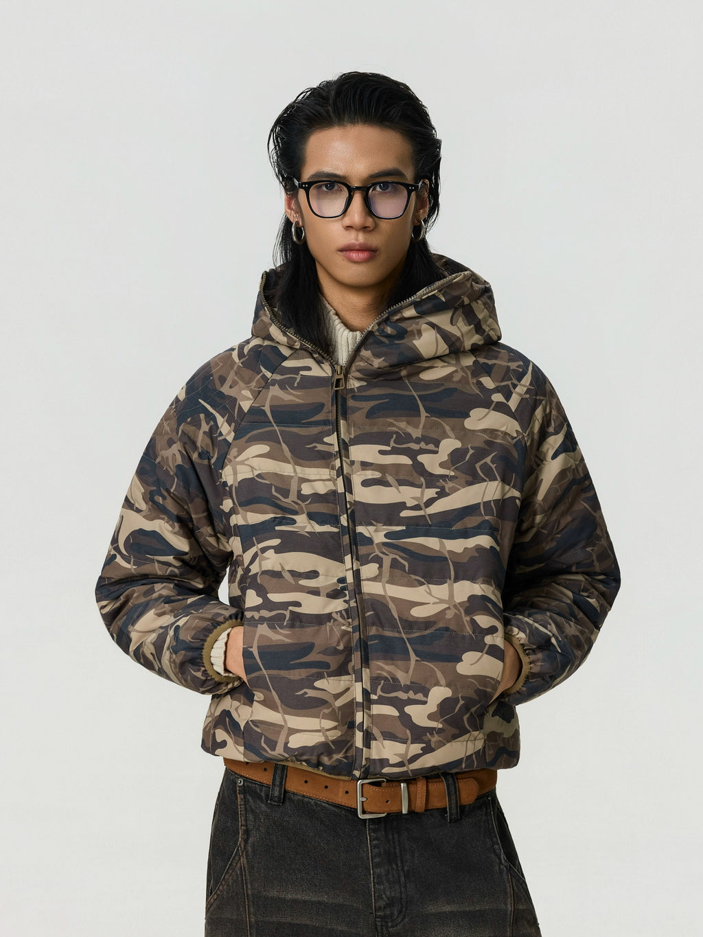 BTSG Vintage Slant Placket Camouflage Hooded Jacket