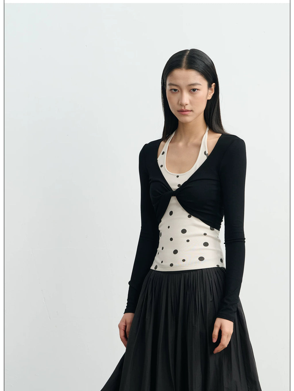 LINY LIBERTY Contrast Color Neck Knot Fake Two-piece Long Sleeve