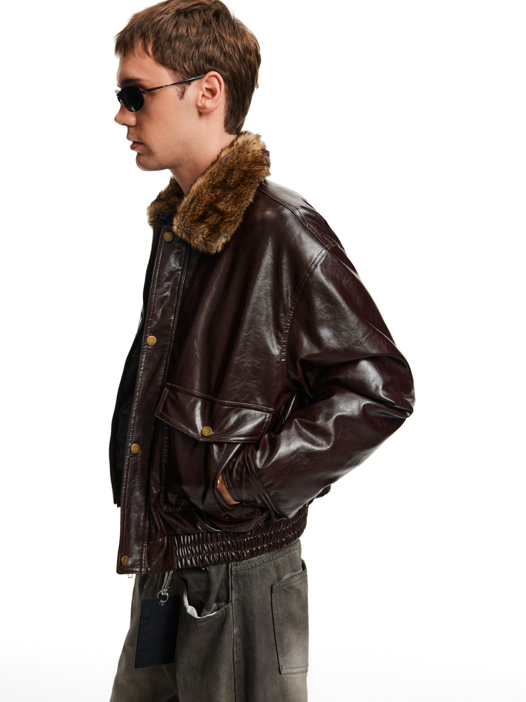 MADWITCH Retro Stitching Fur Collar PU Leather Jacket Cotton Jacket