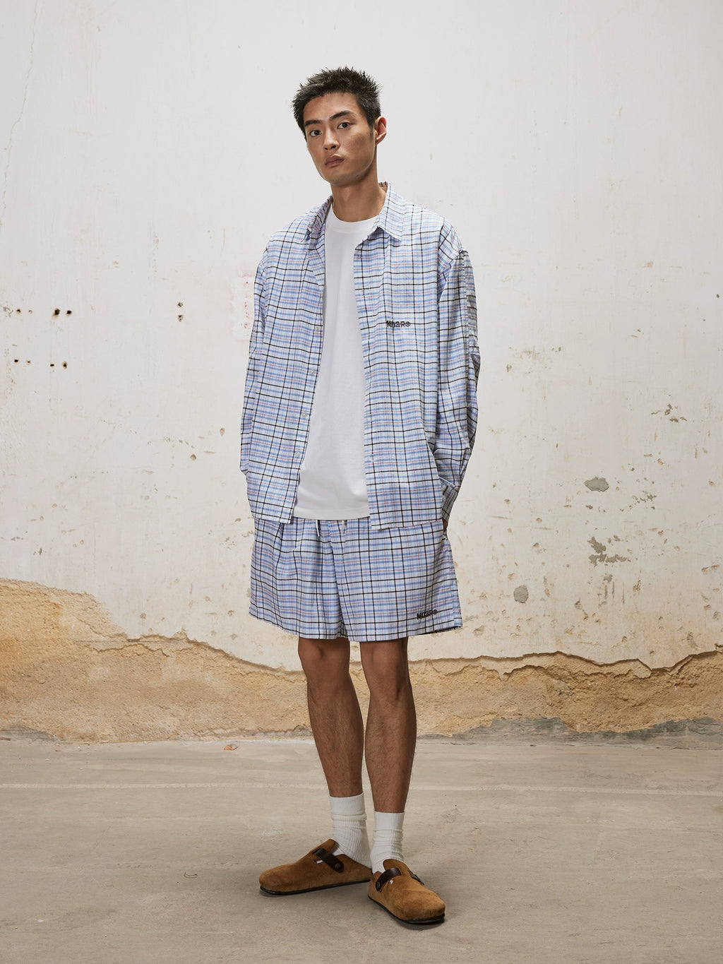 Madeinerror Casual Neutral Simple Plaid Shirt Shorts Set