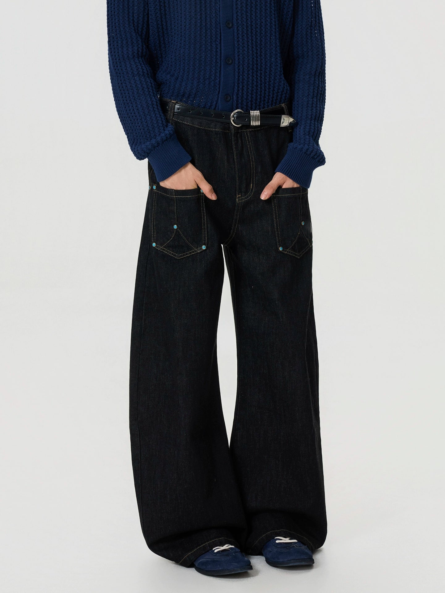 BTSG Vintage Stitching Turquoise Crash Nailed Jeans