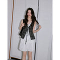 XUJING Fake Two-piece Lace-up Splicing Plaid Sleeveless Tee
