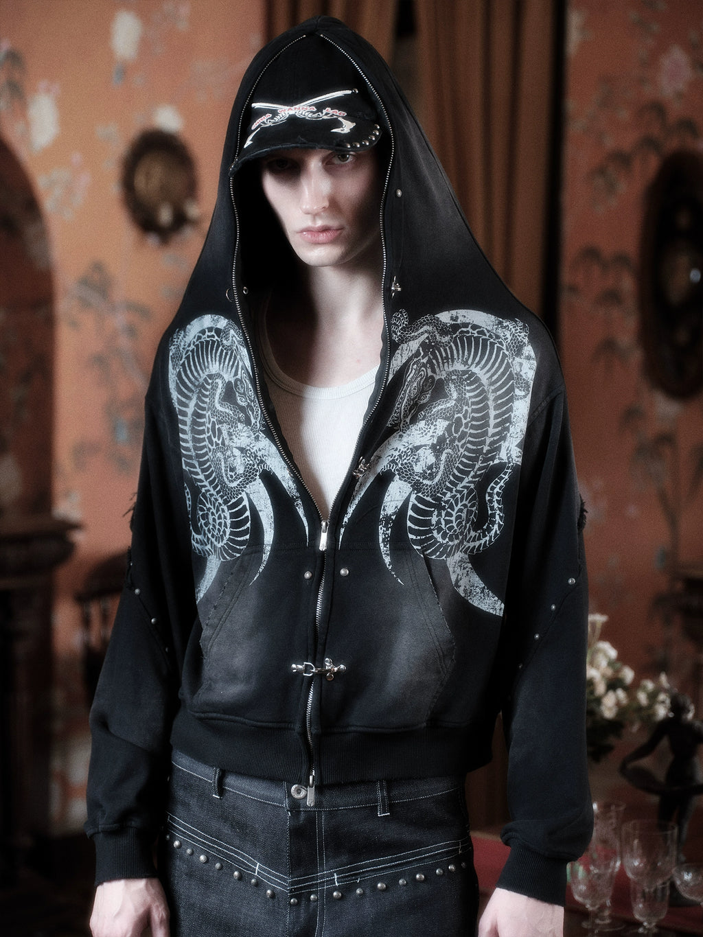WANNA LAB Lobster Buckle Zipper Rivet Wash Wreck Sweater