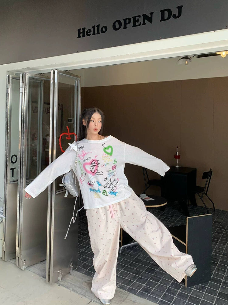 EAHO Lazy Style Floral Full Print Wide-leg Pants