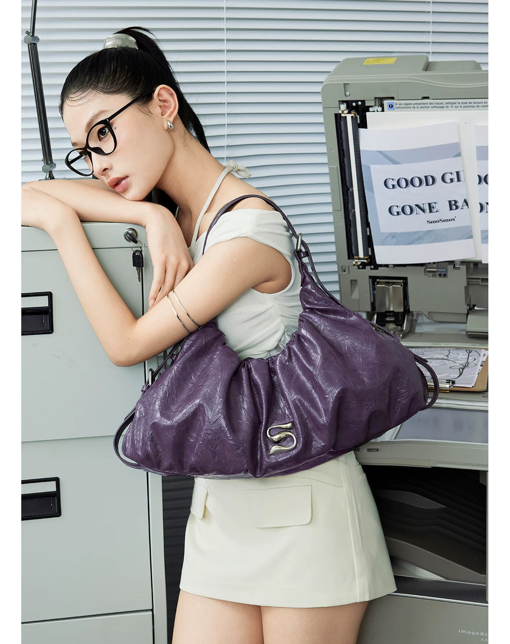 SmoSmos Pleated Dumpling Bag Oil Wax Leather Tote Bag