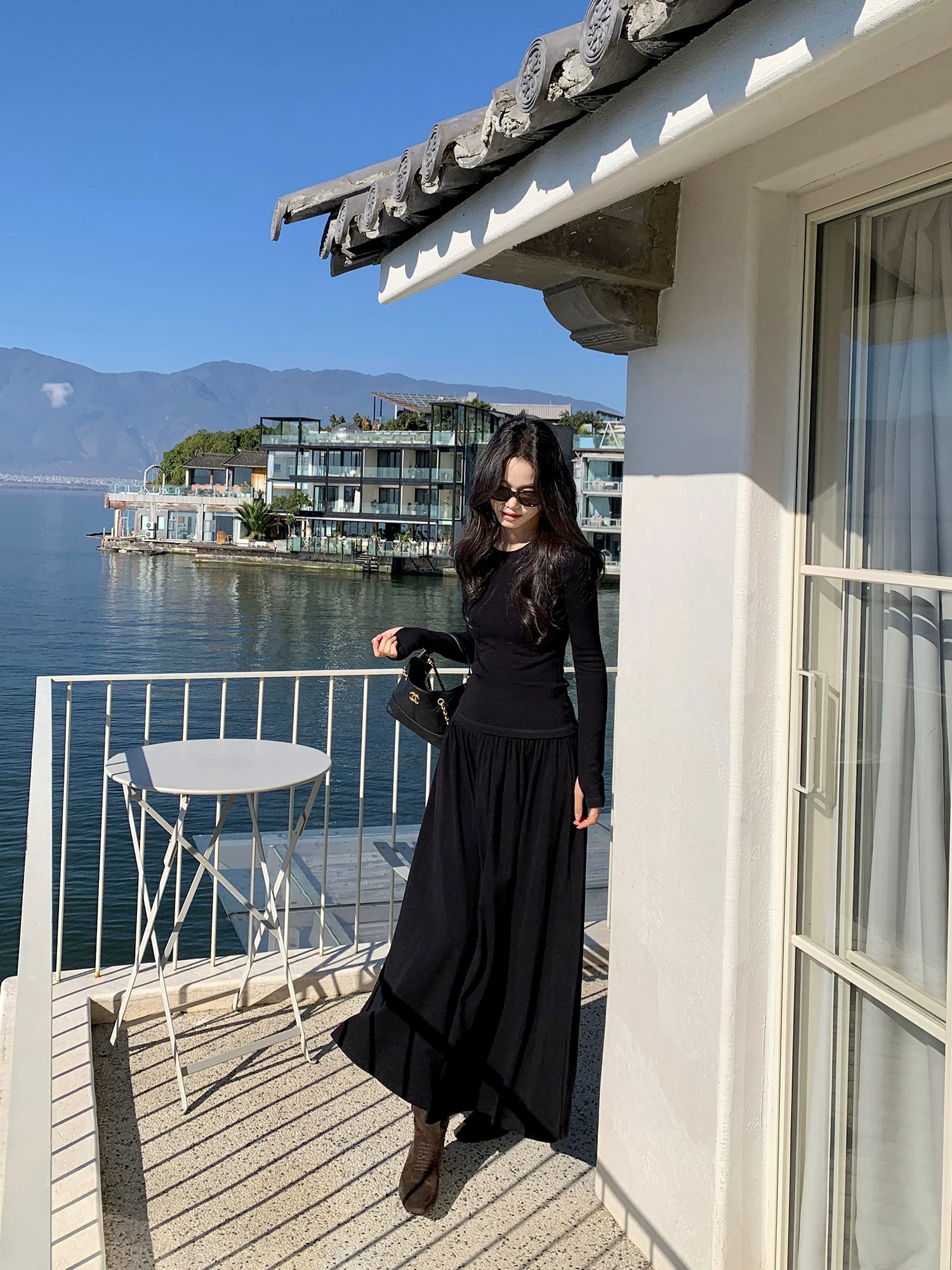 Pusumede Slim-fit Long-sleeved Knitted Sweater Pleated Drape Skirt Set