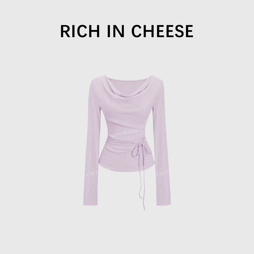 RICH IN CHEESE Pure Desire Swing Neck Knitted Waist Pleated Long Sleeves