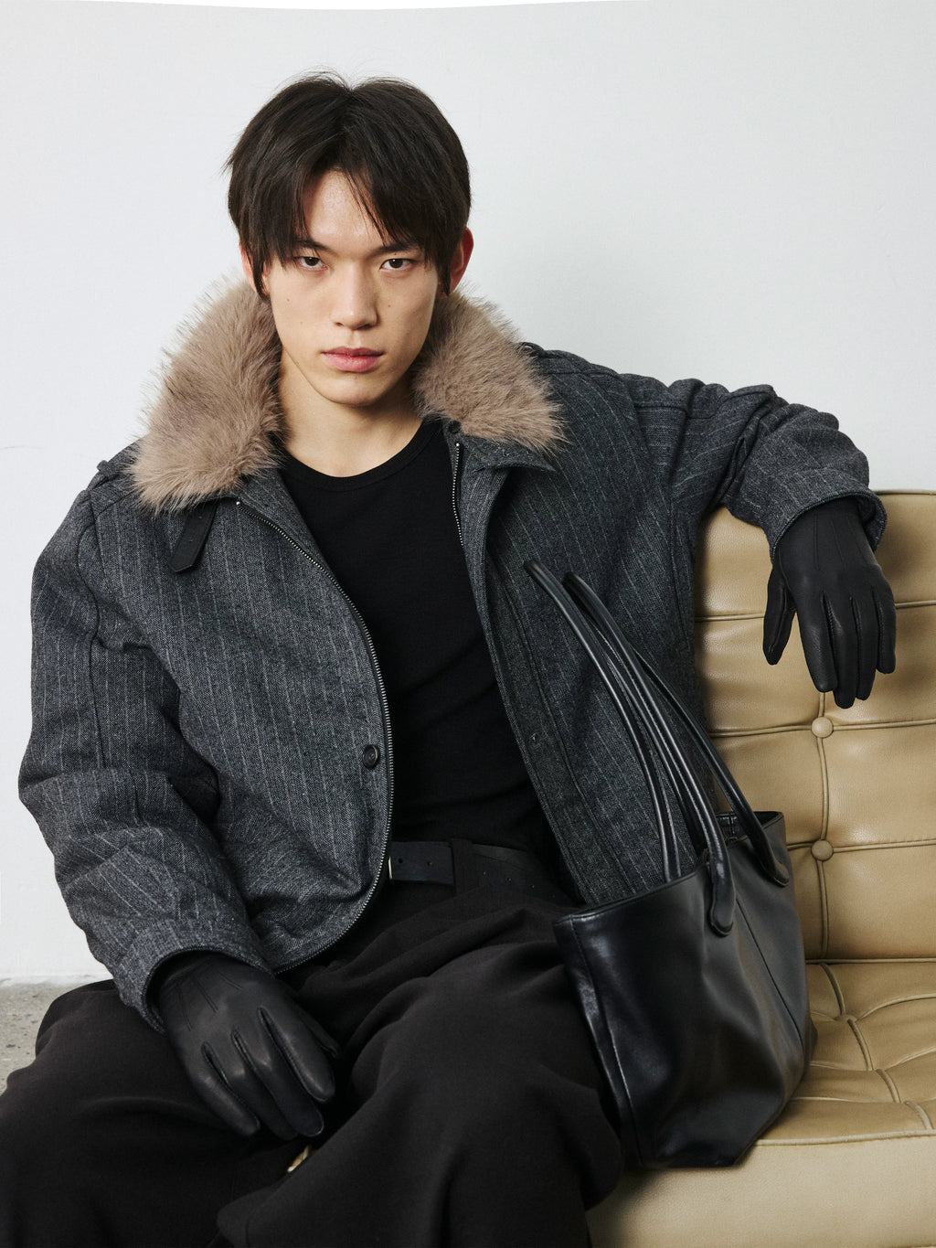 Stay The Night Striped Front Shoulder Removable Fur Collar Cotton Suit