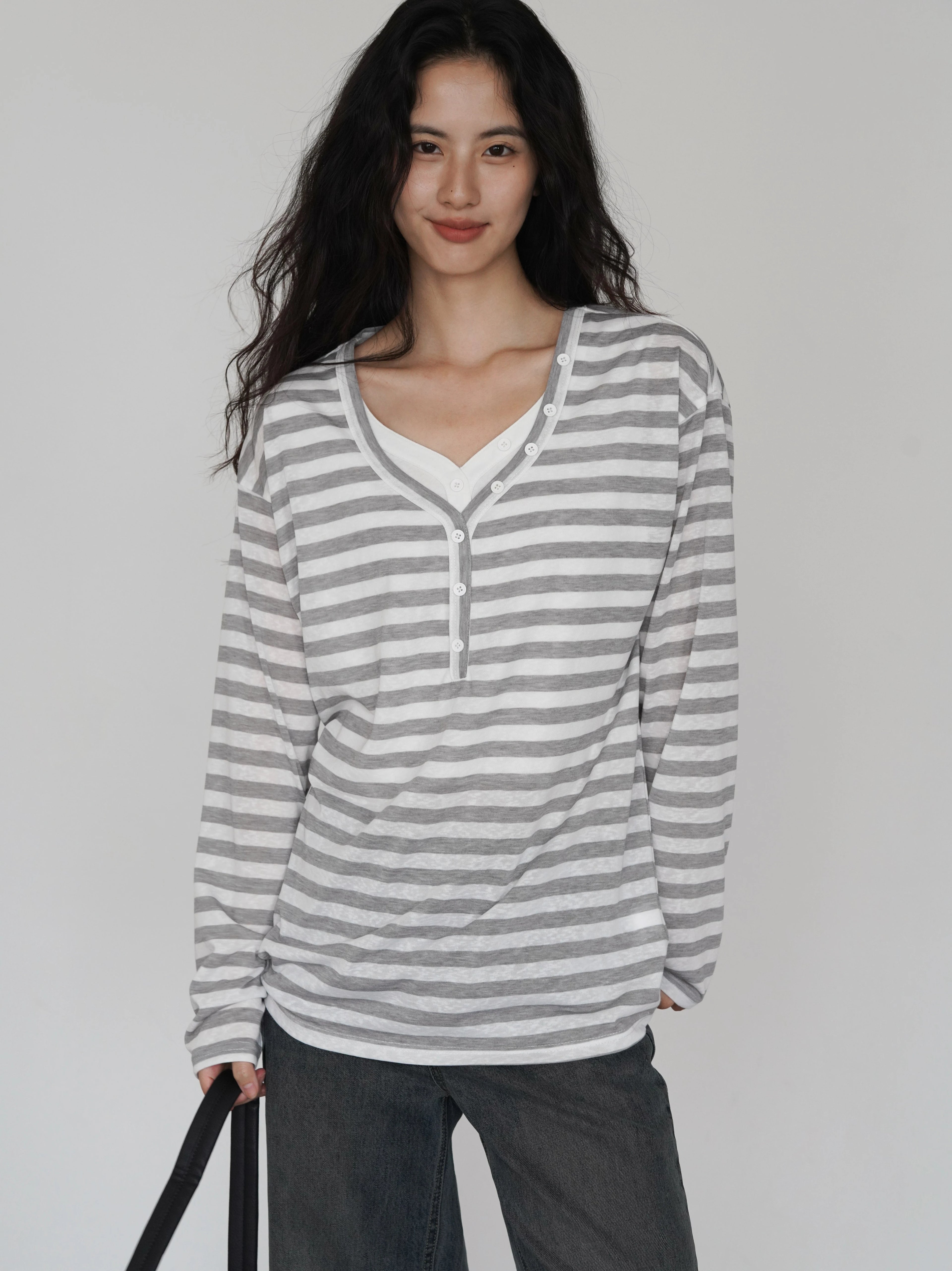EIGHTHMONTH Lazy Wind Striped V-neck Button Long Sleeve