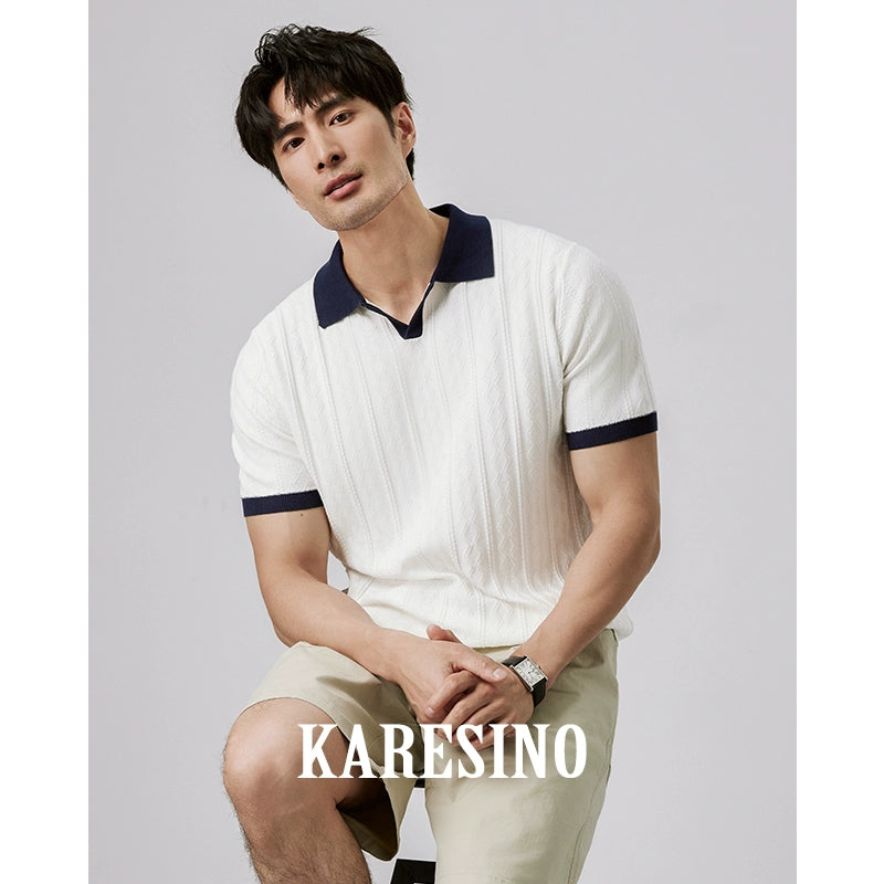 KARESINO Jacquard V-neck Contrasting Splicing Polo Shirt