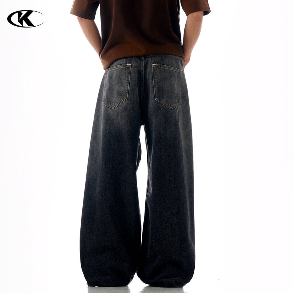 11KN High-grade Washed Retro Dirty Straight Ink-splashed Denim Jeans