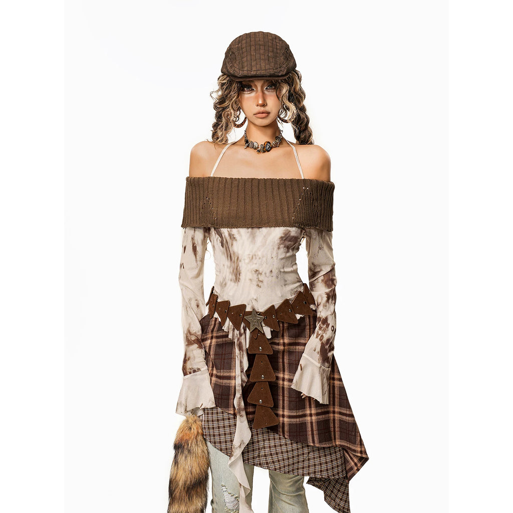 Arielink Retro Tie-dye Mesh Horn Sleeve One-word Shoulder Long Sleeve