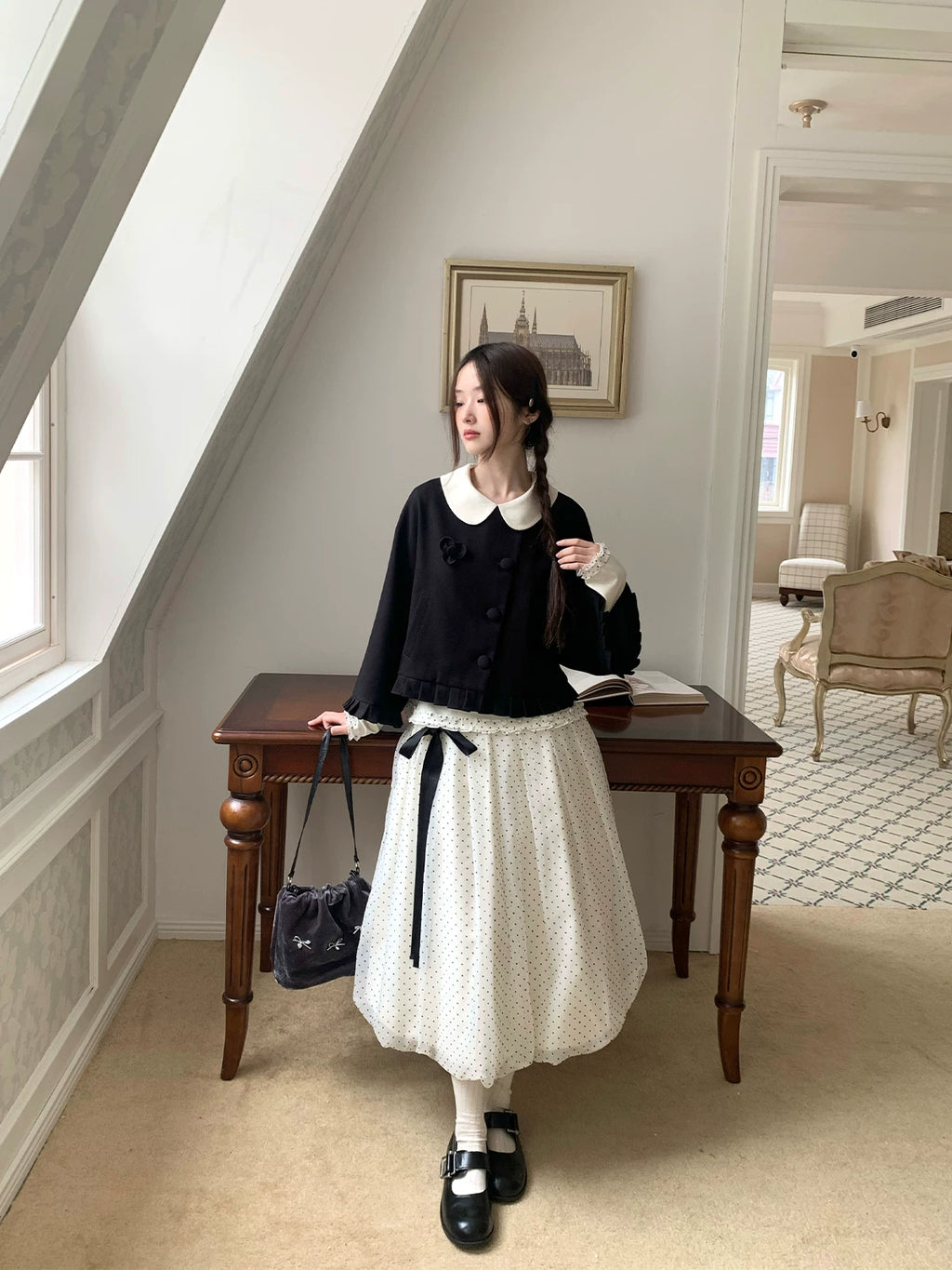 MUCHA High Waist Long Polka Dot Bud Skirt