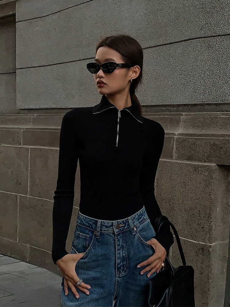 OUSPH Slim-fit Polo Neck Zipper Long-sleeved Knitted Sweater