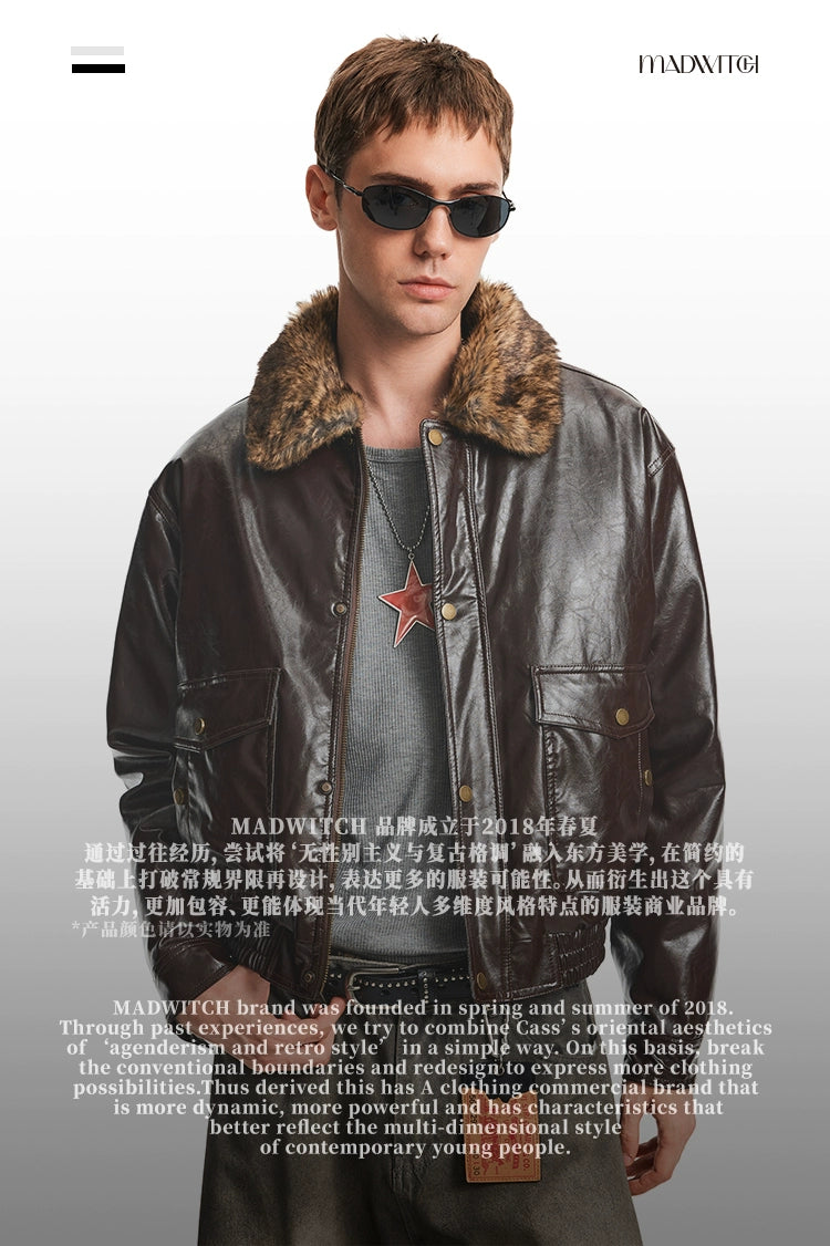 MADWITCH Retro Stitching Fur Collar PU Leather Jacket Cotton Jacket
