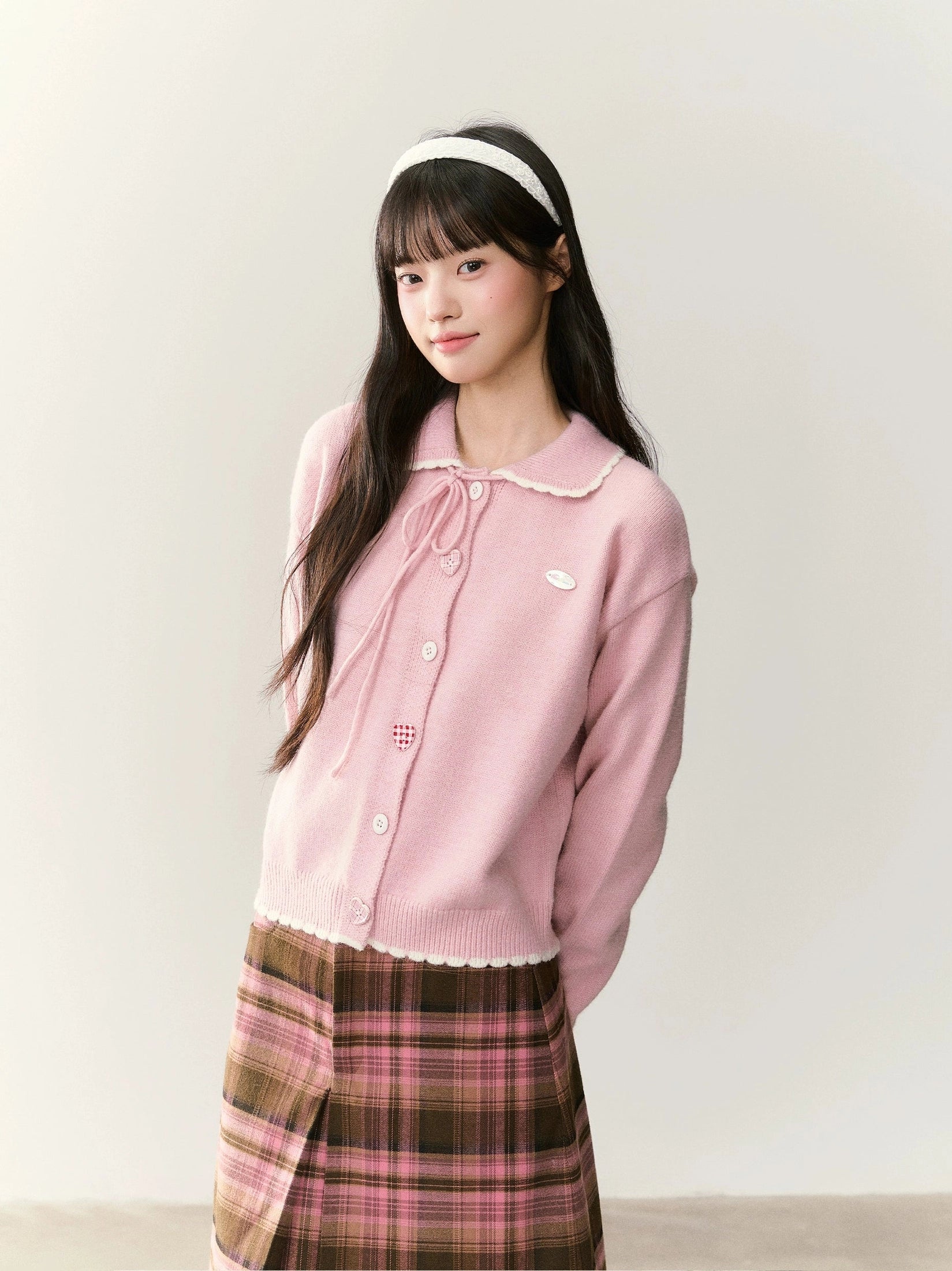 Umoumo Casual Contrasting Splicing Small Lace Lapel Sweater Cardigan