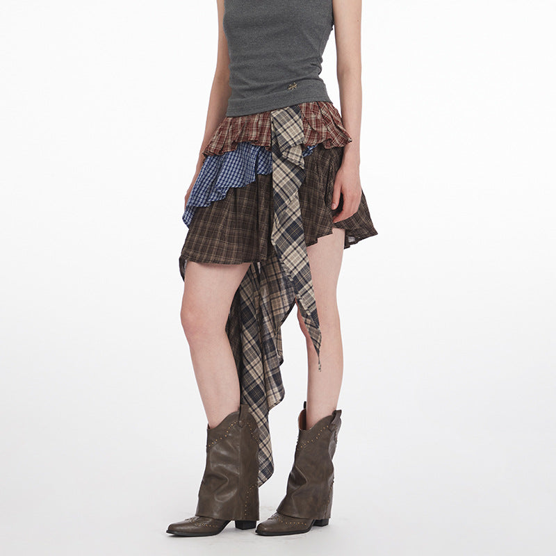 Nariele Irregular High Waist Plaid Splicing Short Skirt