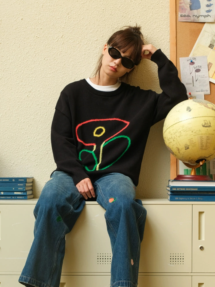 MoodLikeMe Line Flower Crew Neck Pullover