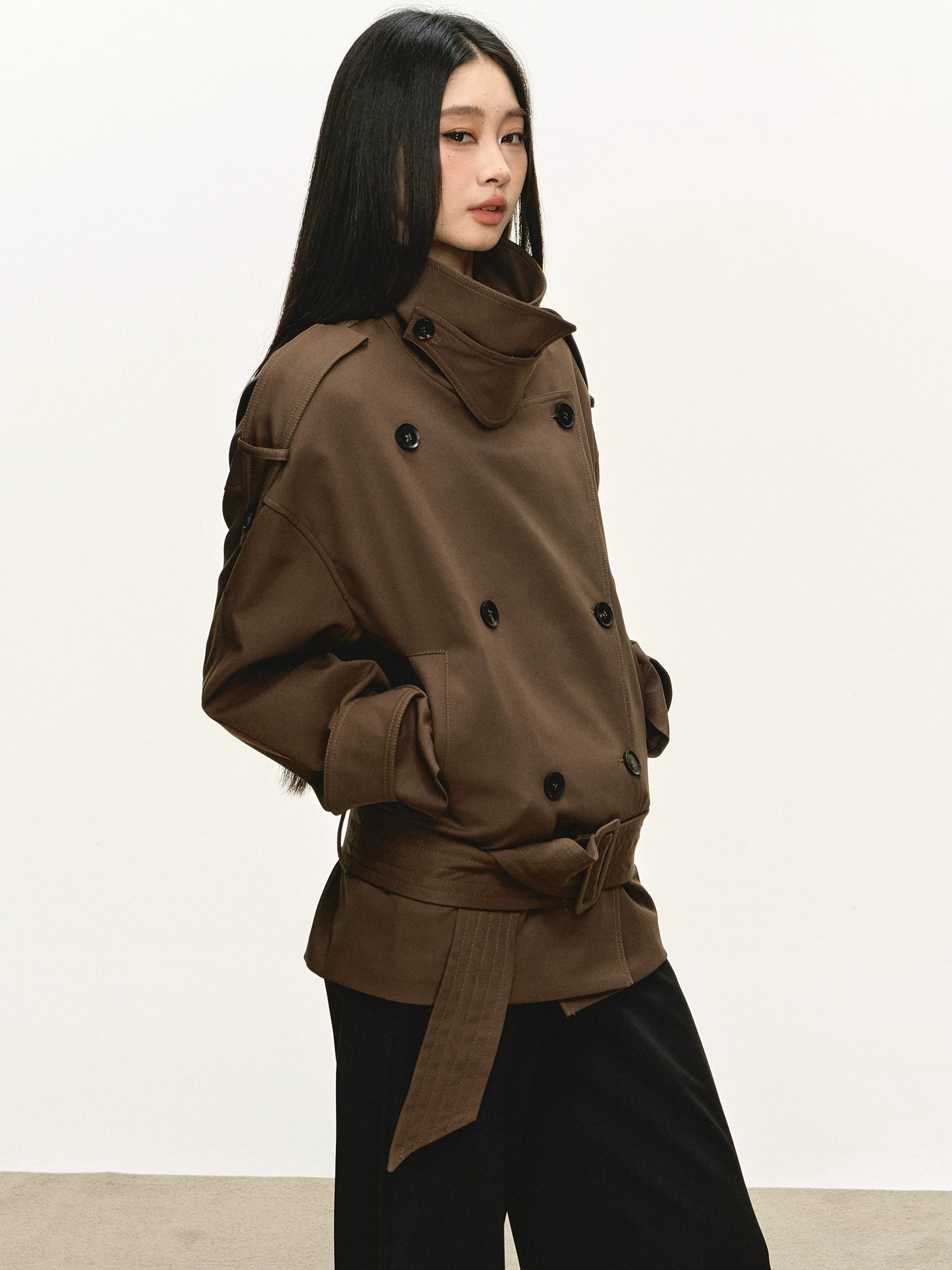 Anna Aneae Stand-up Collar Double-breasted Short Trench Coat