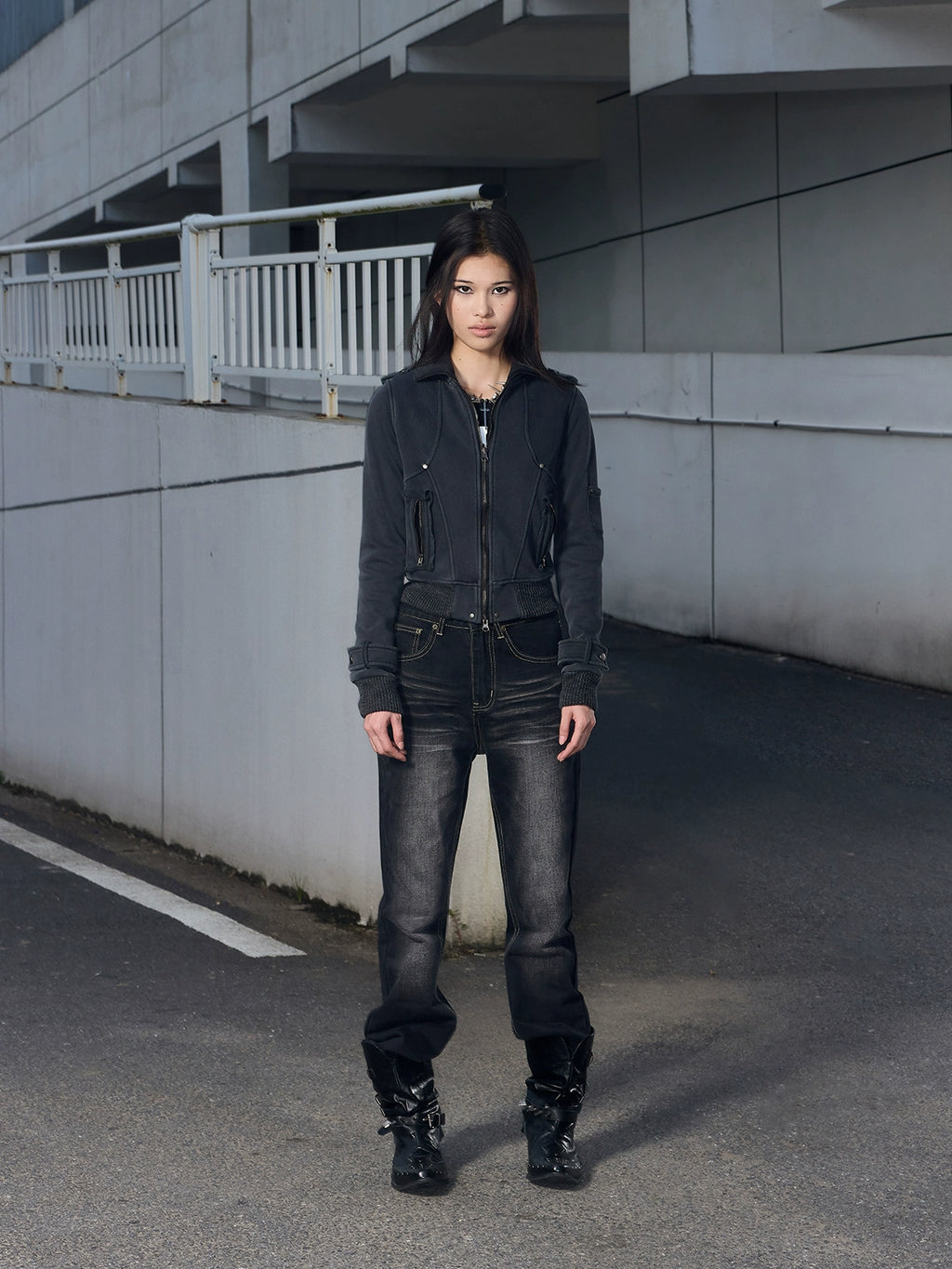 Lightinus  Rivet Make Old Stand Collar Slim Fit Jacket