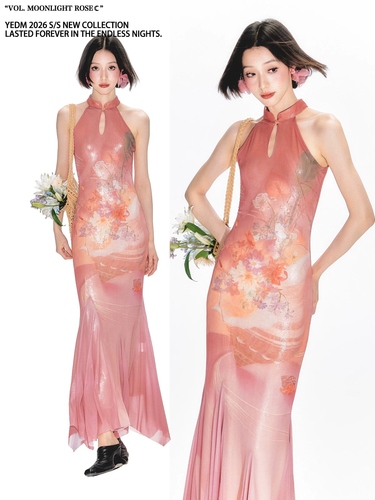 YEDM Stand-up Neck Cheongsam Floral Fishtail Dress