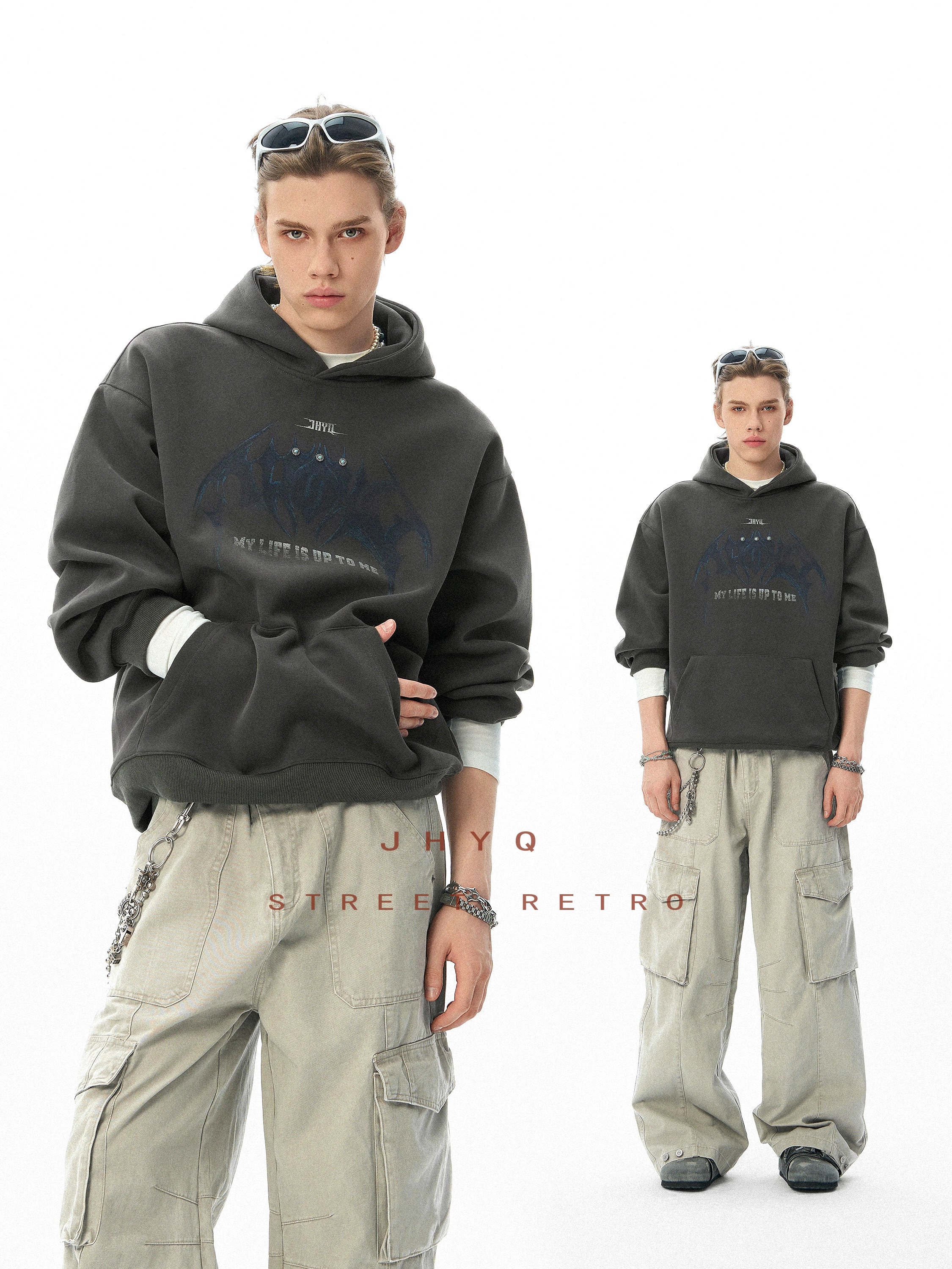 JHYQ Retro Beaded Dark Bat Print Hoodie