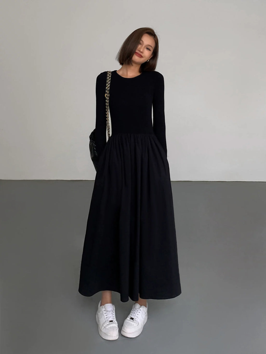 OUSPH Crew Neck Long Sleeve Knitted Dress