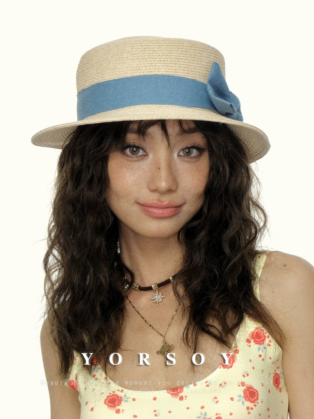 YORSOY Small-brimmed Straw-woven Flat-top Sun Hat