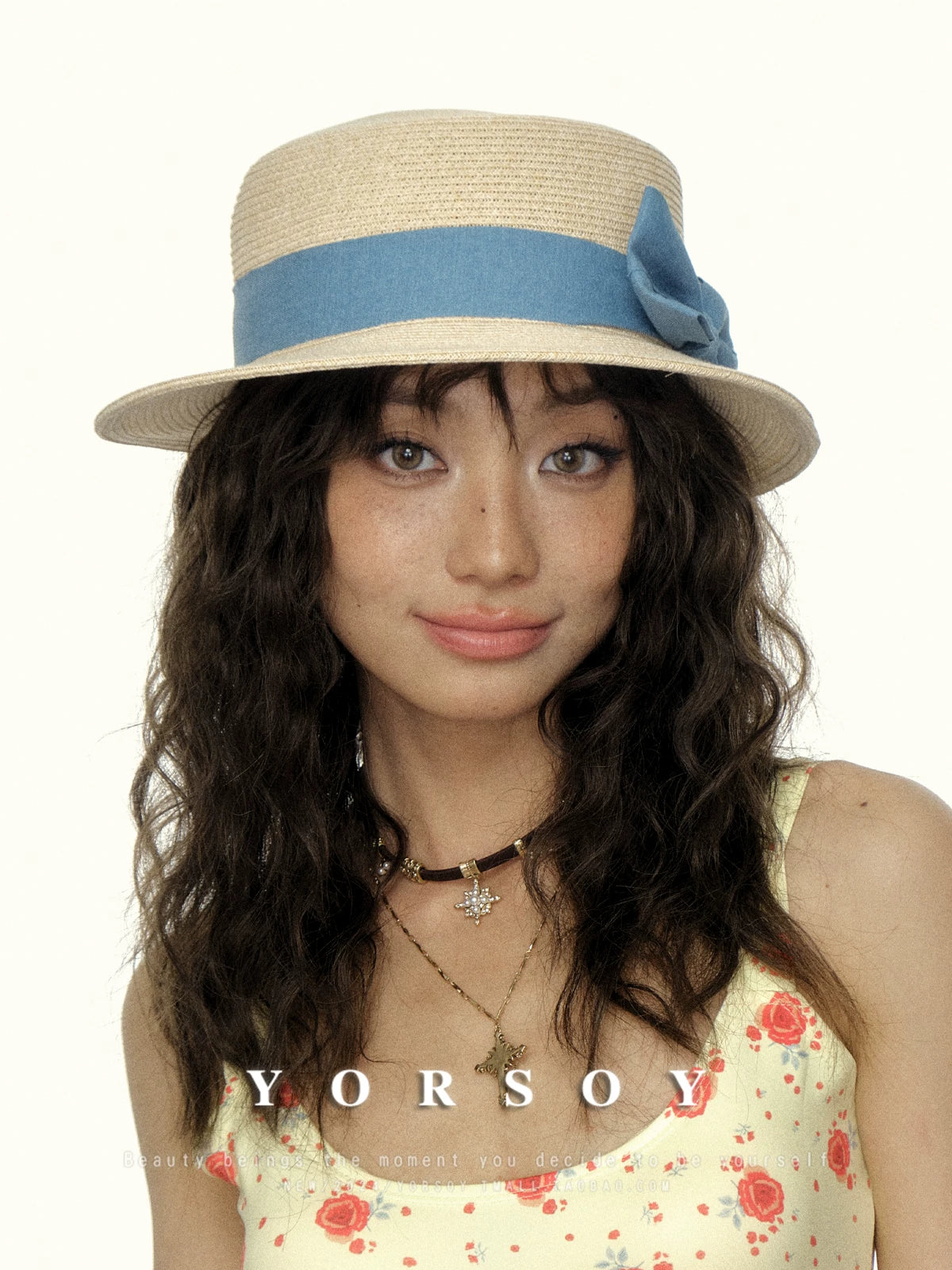 YORSOY Small-brimmed Straw-woven Flat-top Sun Hat