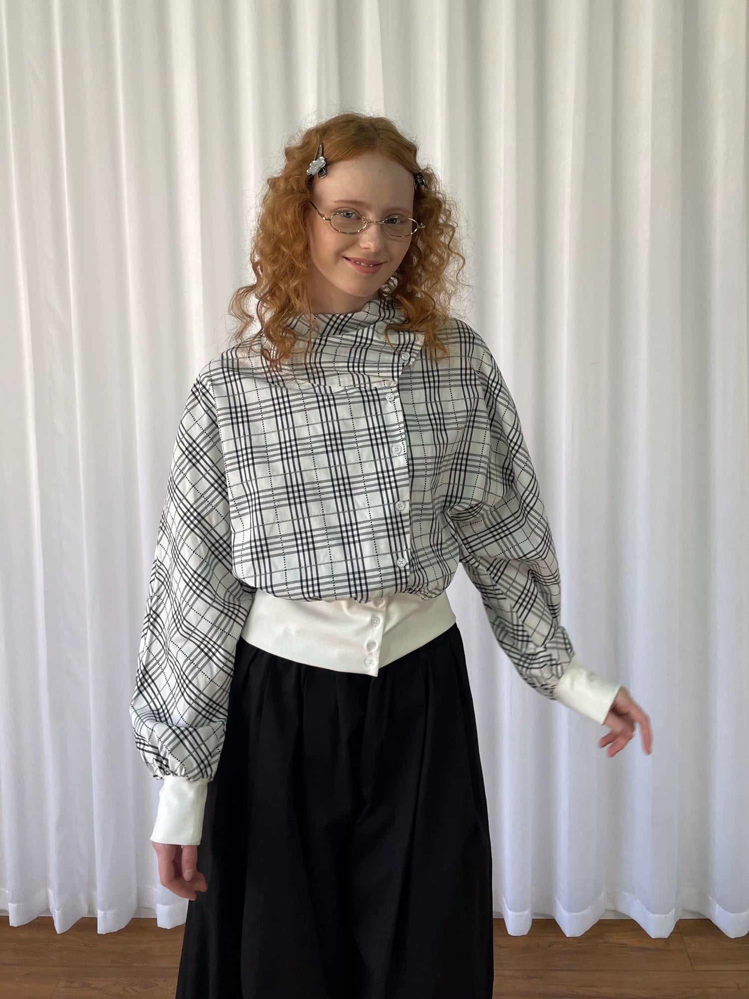 Loosesmell Plaid Pleated Collar Long-sleeved Shirt Jacket