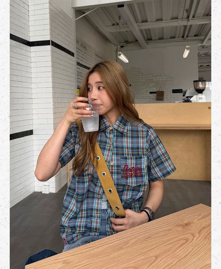 CCYE Embroidered Front Shoulder Loose Plaid Short-sleeved Shirt