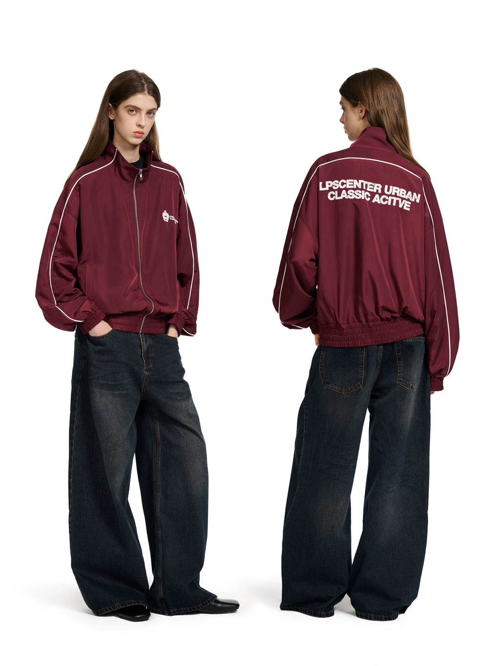 Loopsoon Front and Rear Print Contrasting Striped Stand-up Jacket