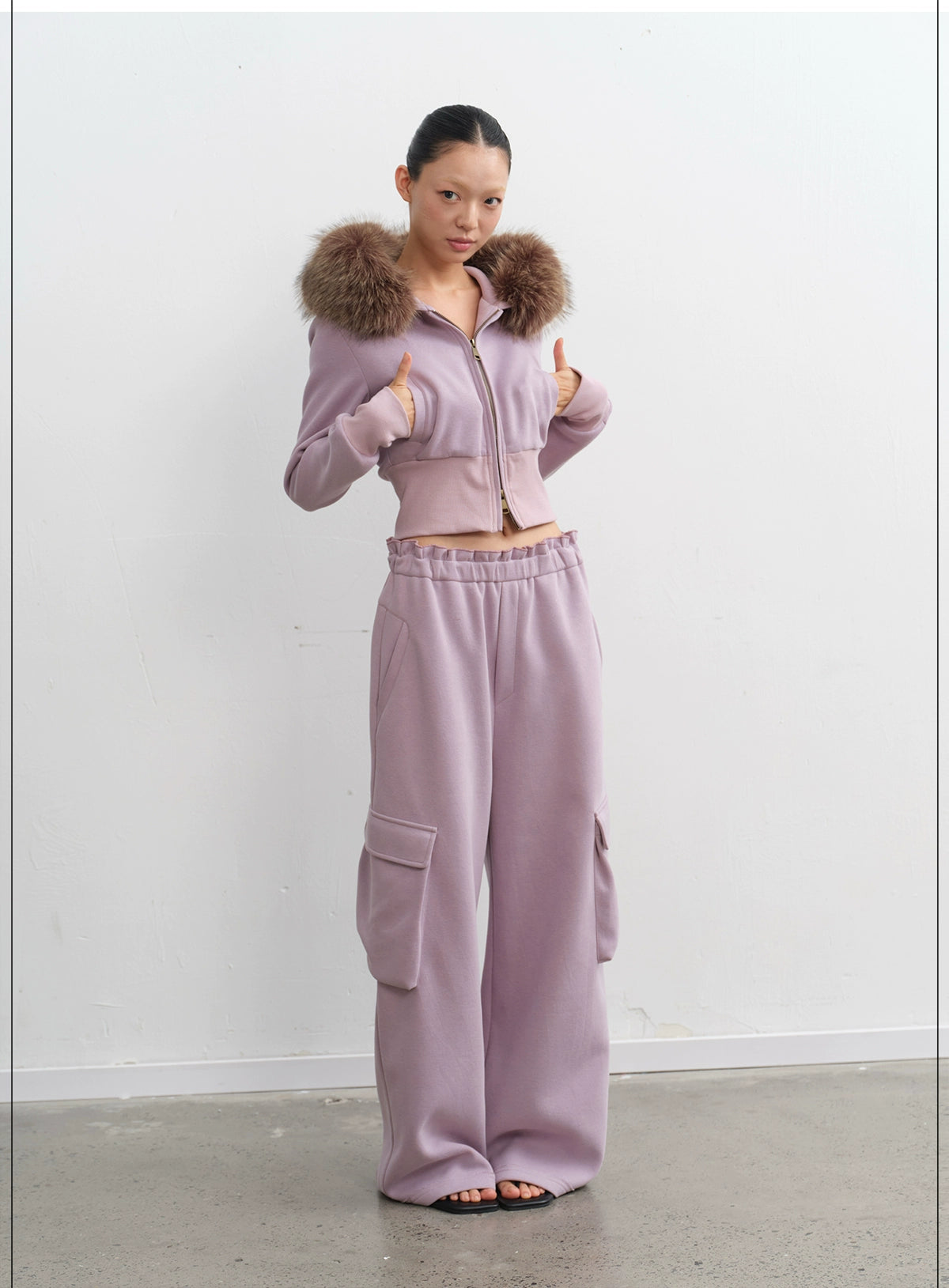 LINY LIBERTY Removable Fur Collar Short Sweater Casual Sweatpants Set