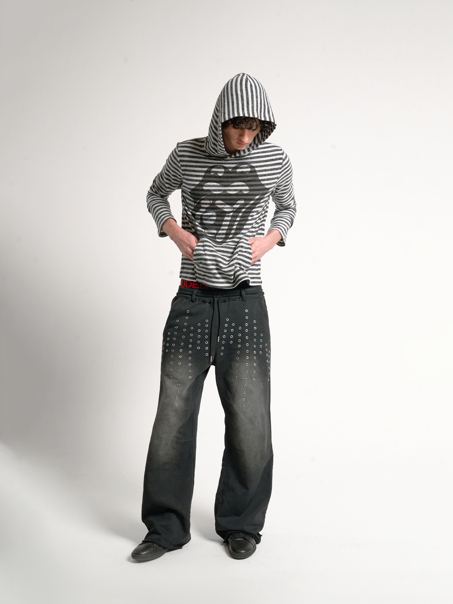 noEmosen hollow rivet plain silver wash baggy sweatpants