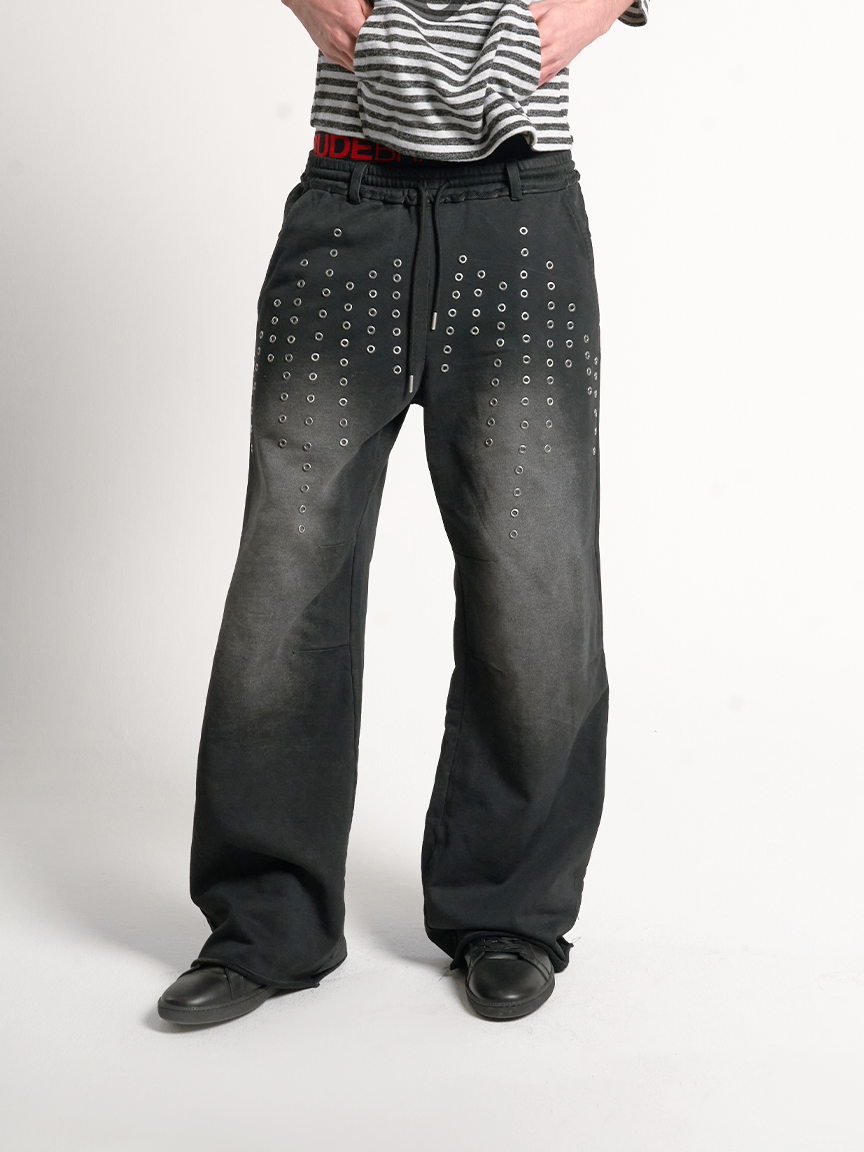 noEmosen hollow rivet plain silver wash baggy sweatpants
