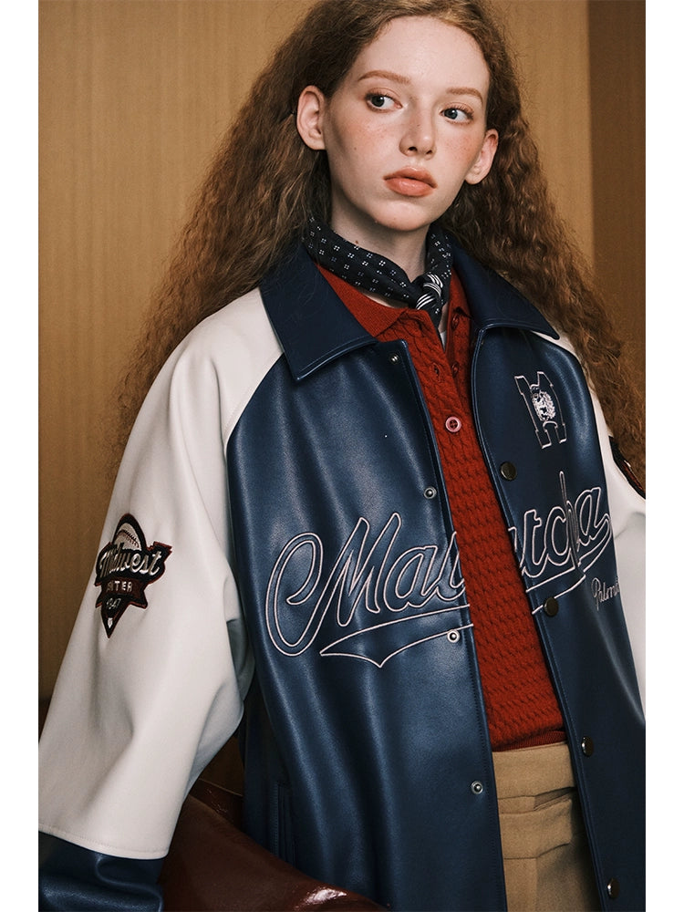 MATCHA STORY Contrast Color Splicing Retro Embroidered Lapel Leather Jacket