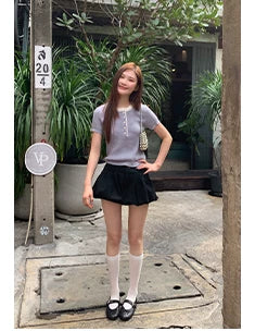 KANO Contrasting Color Round Neck Semi-open Short-sleeved Knitted Sweater