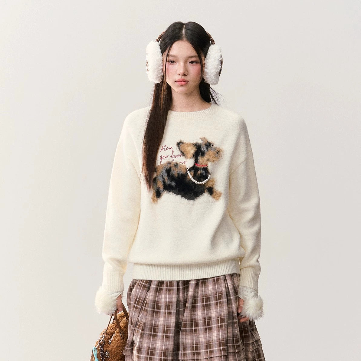 Umoumo Loose Casual Pearl Chain Embroidered Sweater