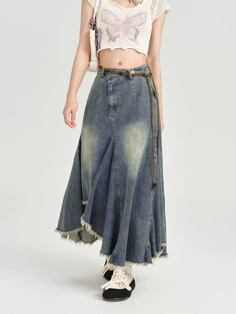 Girlyhalo Vintage High Waist Denim Skirt