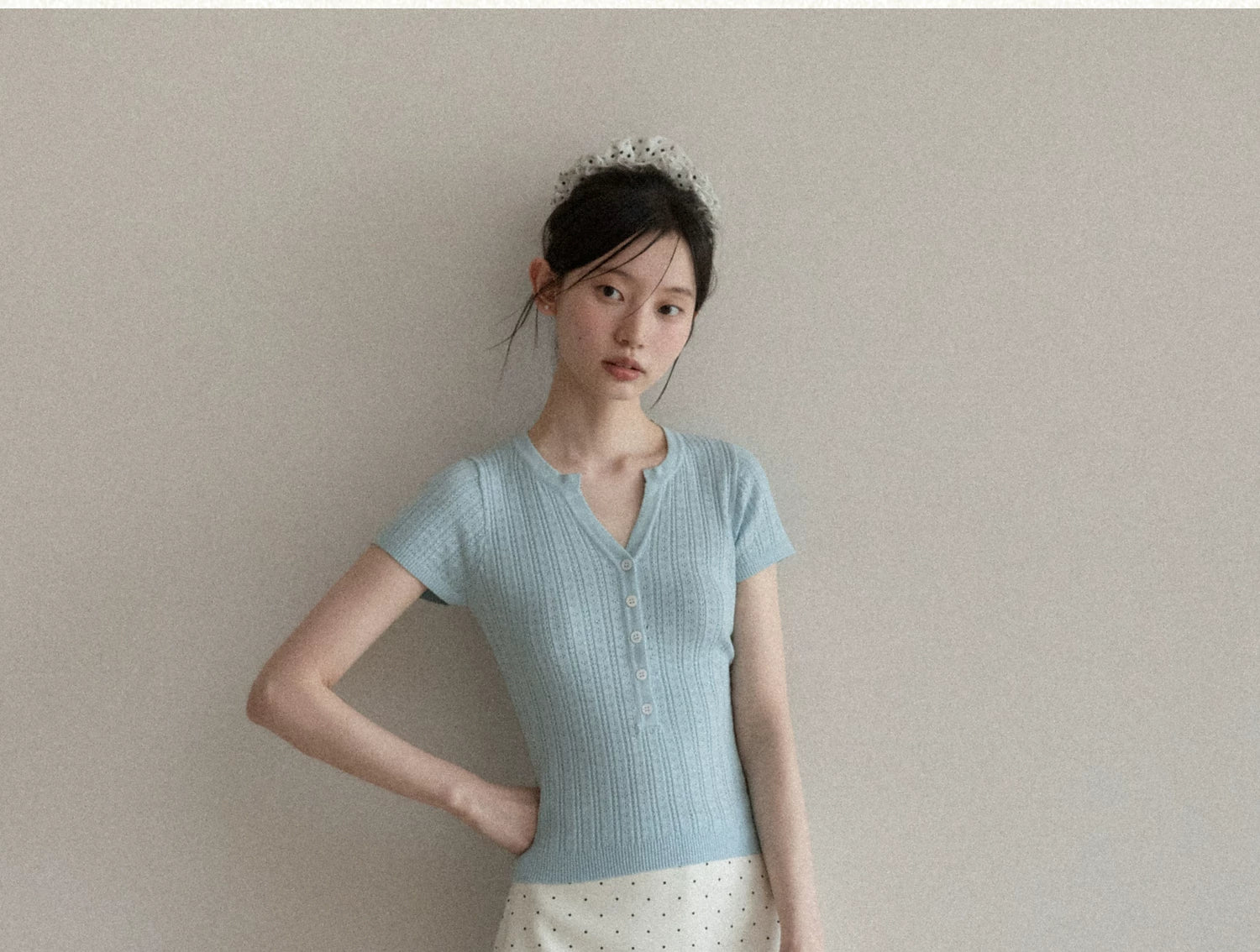 Cantonstory V-neck Slim-fit Knit Tee High-waisted Polka Dot Lace Midi Skirt Set